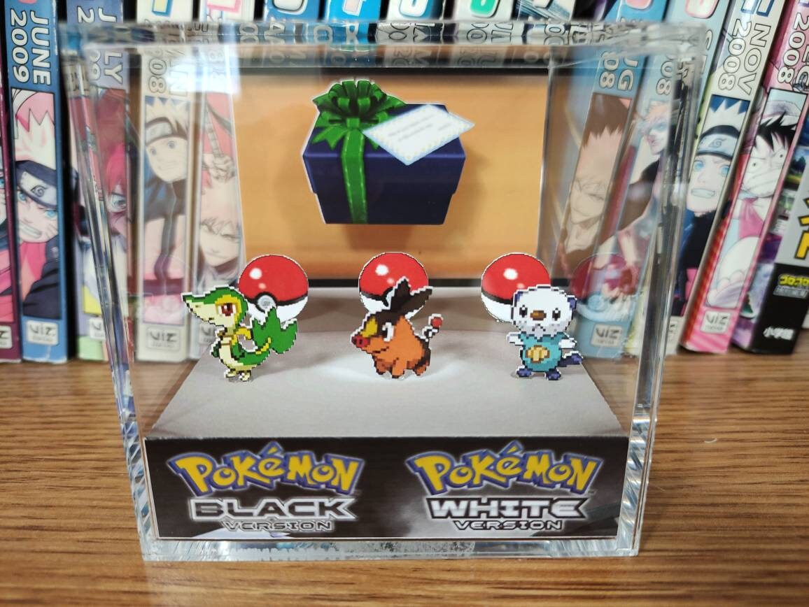 Black White Starters (Snivy, Tepig, Oshawott) , Snivy, Tepig, Oshawott 3D Diorama Cube, Handmade Crystal Diorama Cube,Unique Gift for Gamers