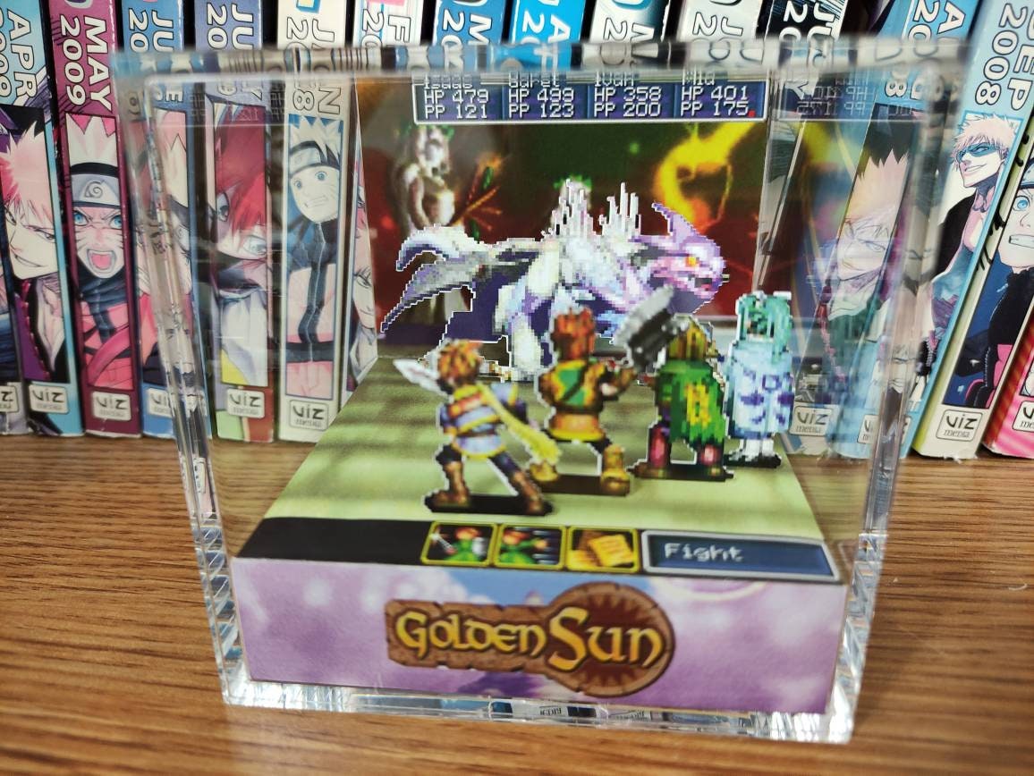 Golden Sun Fusion Dragon Battle, Golden Sun Dragon Battle Encounter 3D Diorama Cube, Handmade Crystal Diorama Cube, Unique Gift for Gamers