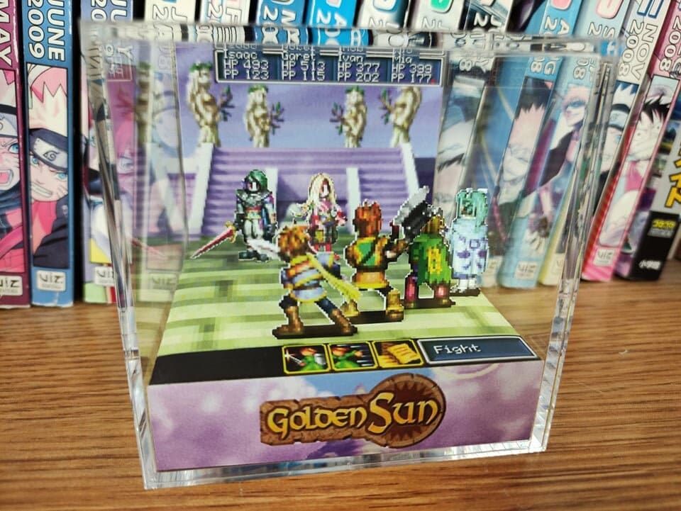 Golden Sun Saturos Menardi Battle, Golden Sun Boss Battle Encounter 3D Diorama Cube, Handmade Crystal Diorama Cube, Unique Gift for Gamers