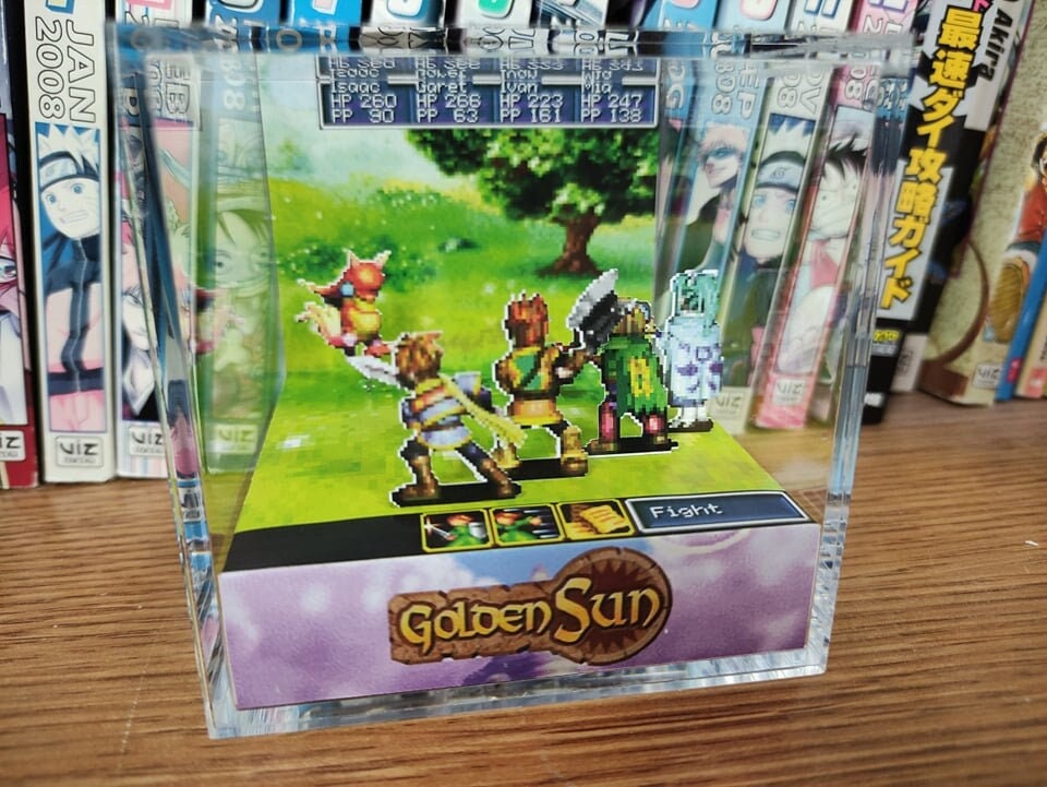 Golden Sun Djinn Battle, Golden Sun Djinn Encounter (Mars, Venus +) 3D Diorama Cube, Handmade Crystal Diorama Cube, Unique Gift for Gamers