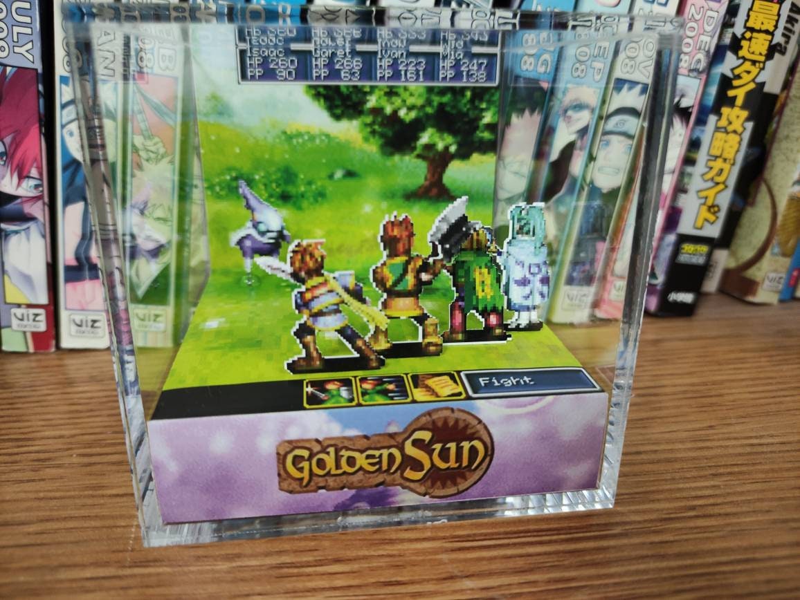 Golden Sun Djinn Battle, Golden Sun Djinn Encounter (Mars, Venus +) 3D Diorama Cube, Handmade Crystal Diorama Cube, Unique Gift for Gamers