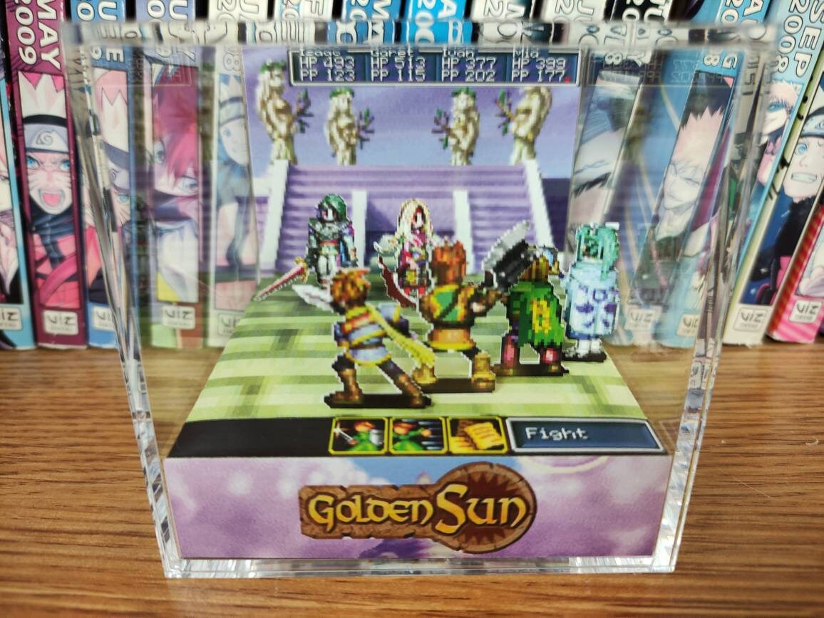 Golden Sun Saturos Menardi Battle, Golden Sun Boss Battle Encounter 3D Diorama Cube, Handmade Crystal Diorama Cube, Unique Gift for Gamers