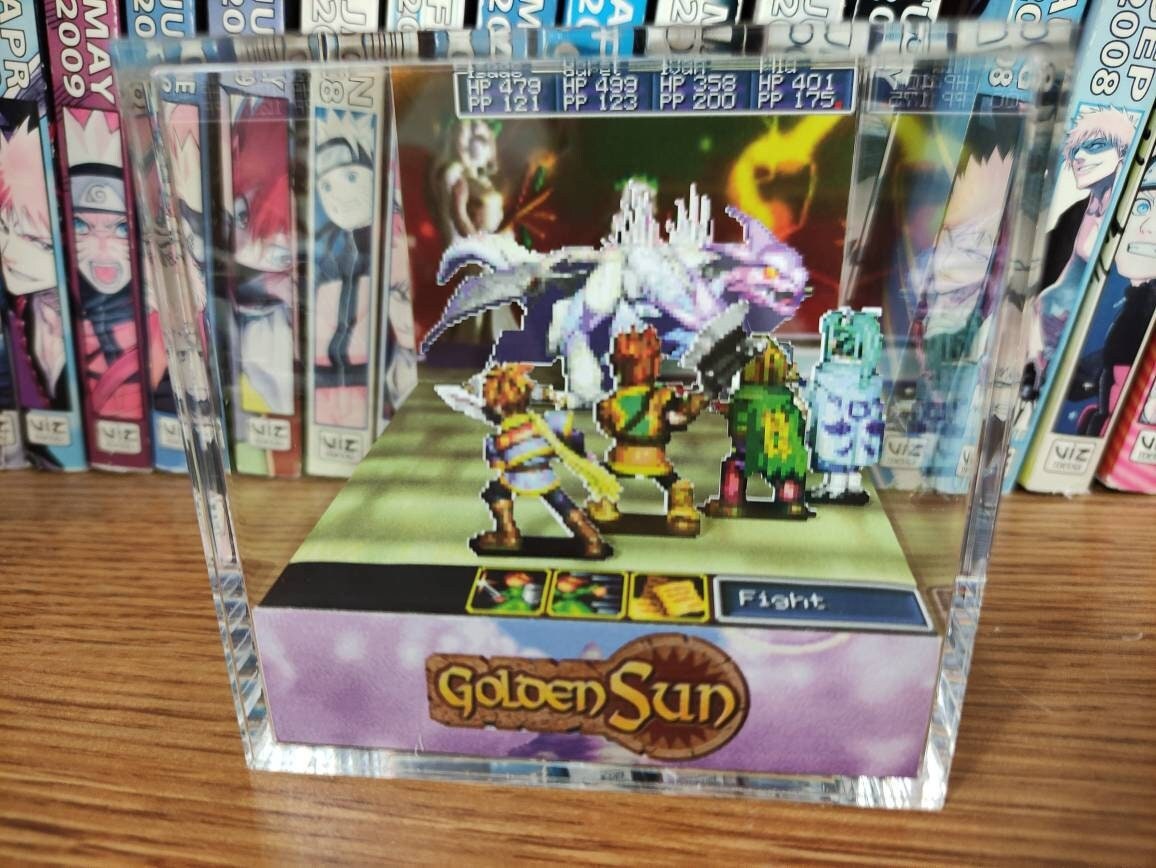 Golden Sun Fusion Dragon Battle, Golden Sun Dragon Battle Encounter 3D Diorama Cube, Handmade Crystal Diorama Cube, Unique Gift for Gamers