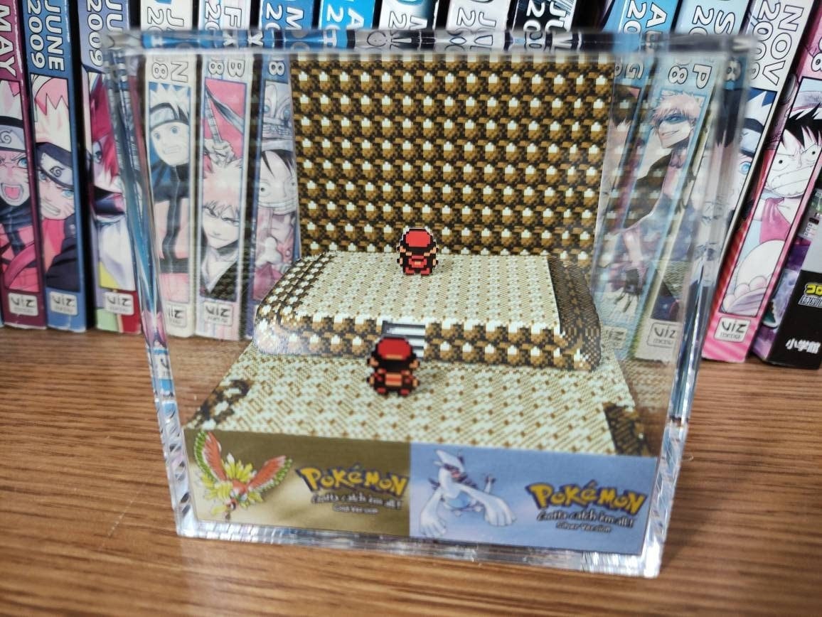 Trainer Red (Mt Silver Gold/Silver), Trainer Red 3D Diorama Cube, Trainer Red Handmade Crystal Diorama Cube, Unique Gift for Gamers