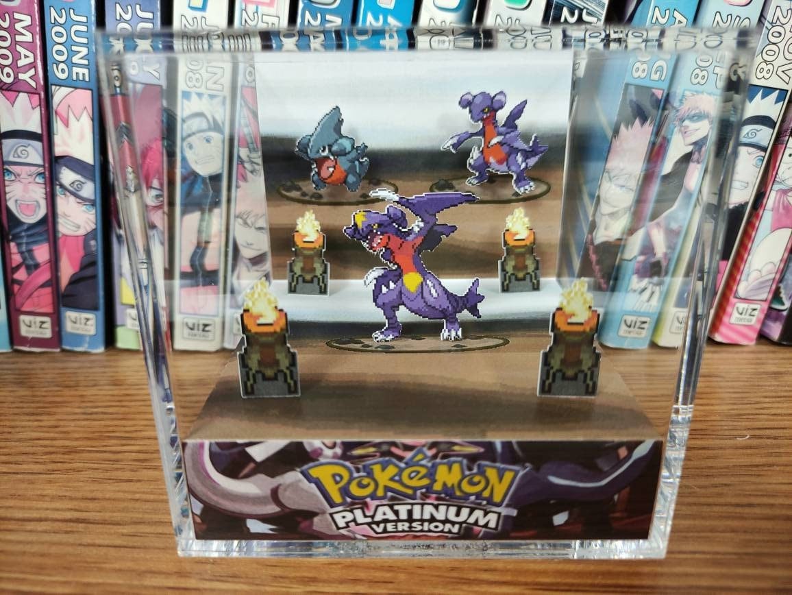 Evolution Garchomp (Platinum), Gible Gabite Garchomp 3D Diorama Cube, Garchomp Handmade Crystal Diorama Cube, Unique Gift for Gamers