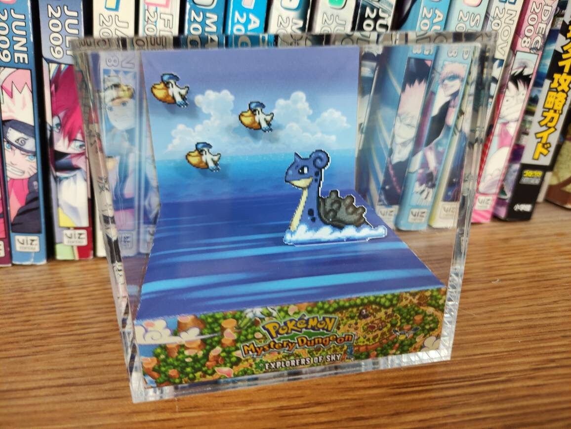 Mystery Dungeon Opening Explorers of Sky (Lapras & Pelipper) 3D Diorama Cube, Handmade Crystal Diorama Cube, Unique Gift for Gamers