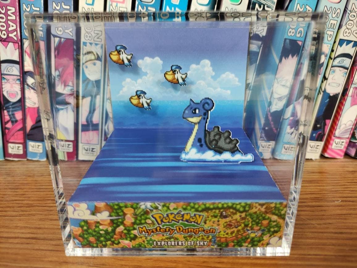 Mystery Dungeon Opening Explorers of Sky (Lapras & Pelipper) 3D Diorama Cube, Handmade Crystal Diorama Cube, Unique Gift for Gamers