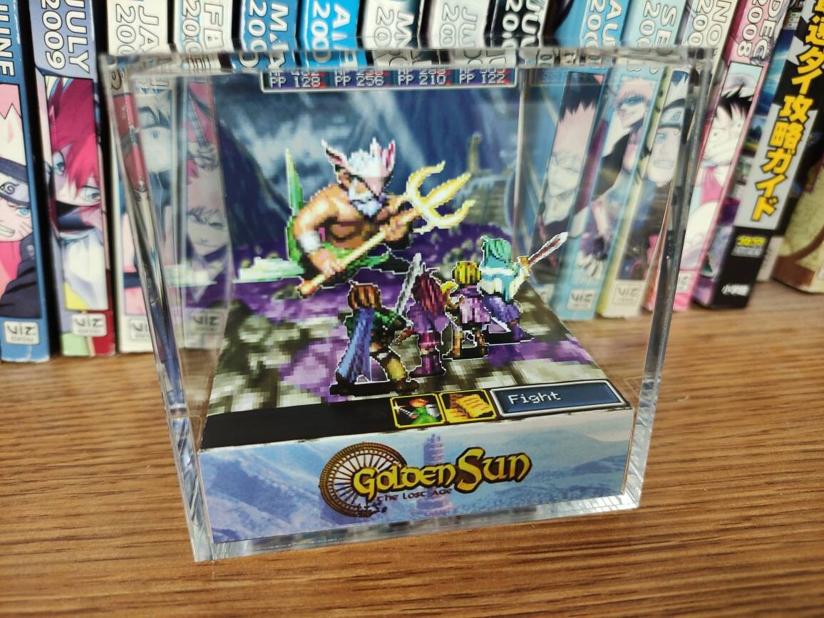 Golden Sun 2 The Lost Age Poseidon Battle, Golden Sun Boss Encounter 3D Diorama Cube, Handmade Crystal Diorama Cube, Unique Gift for Gamers