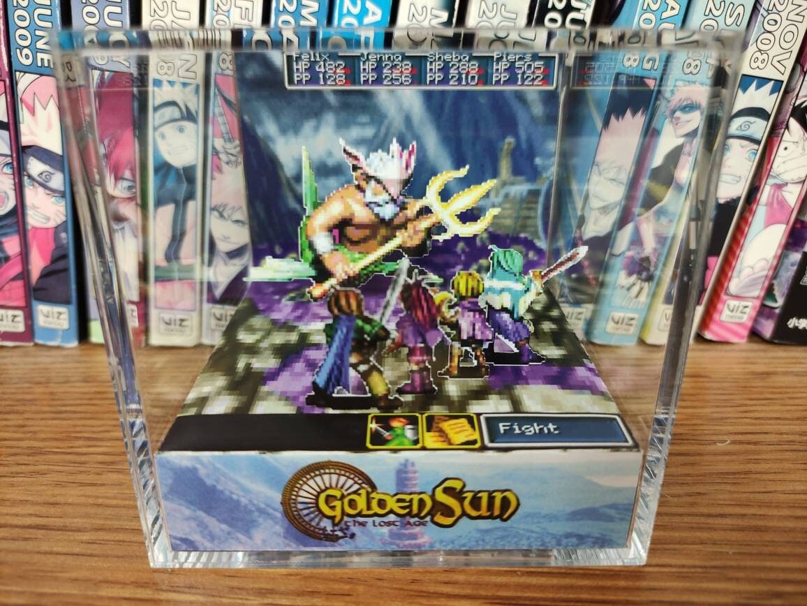 Golden Sun 2 The Lost Age Poseidon Battle, Golden Sun Boss Encounter 3D Diorama Cube, Handmade Crystal Diorama Cube, Unique Gift for Gamers