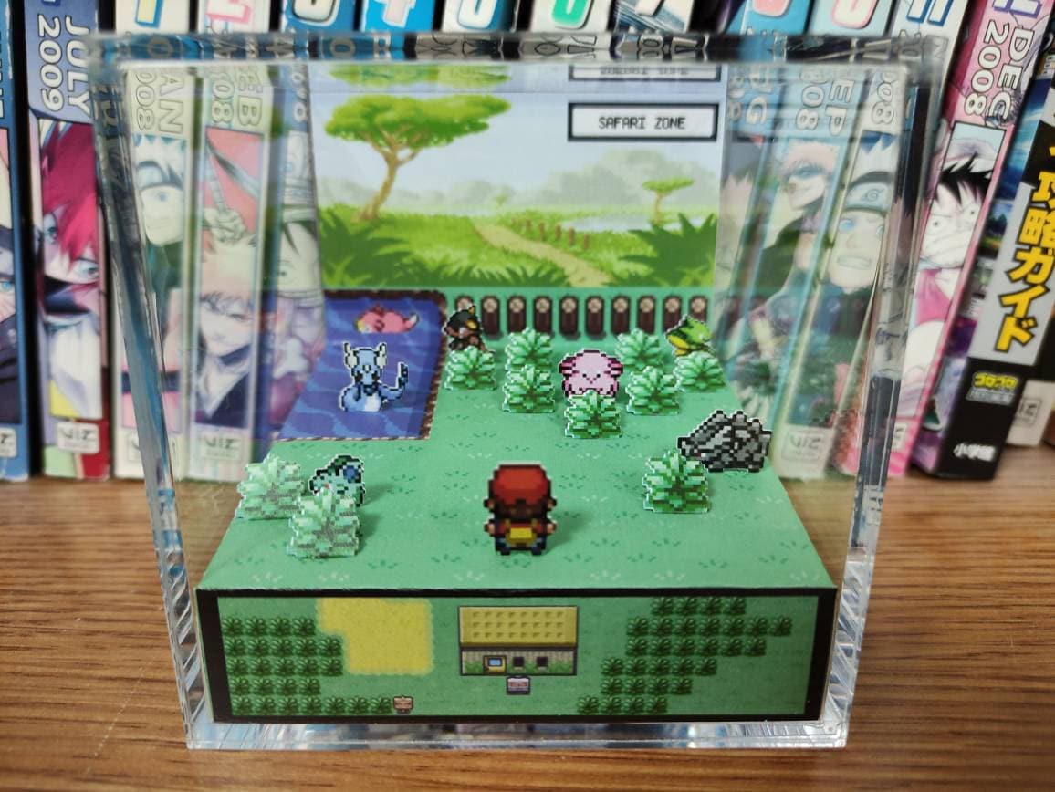 Safari Zone Male/Female (Dragonair, Chansey, Slowpoke), Safari 3D Diorama Cube, Safari Handmade Crystal Diorama Cube, Unique Gift for Gamers