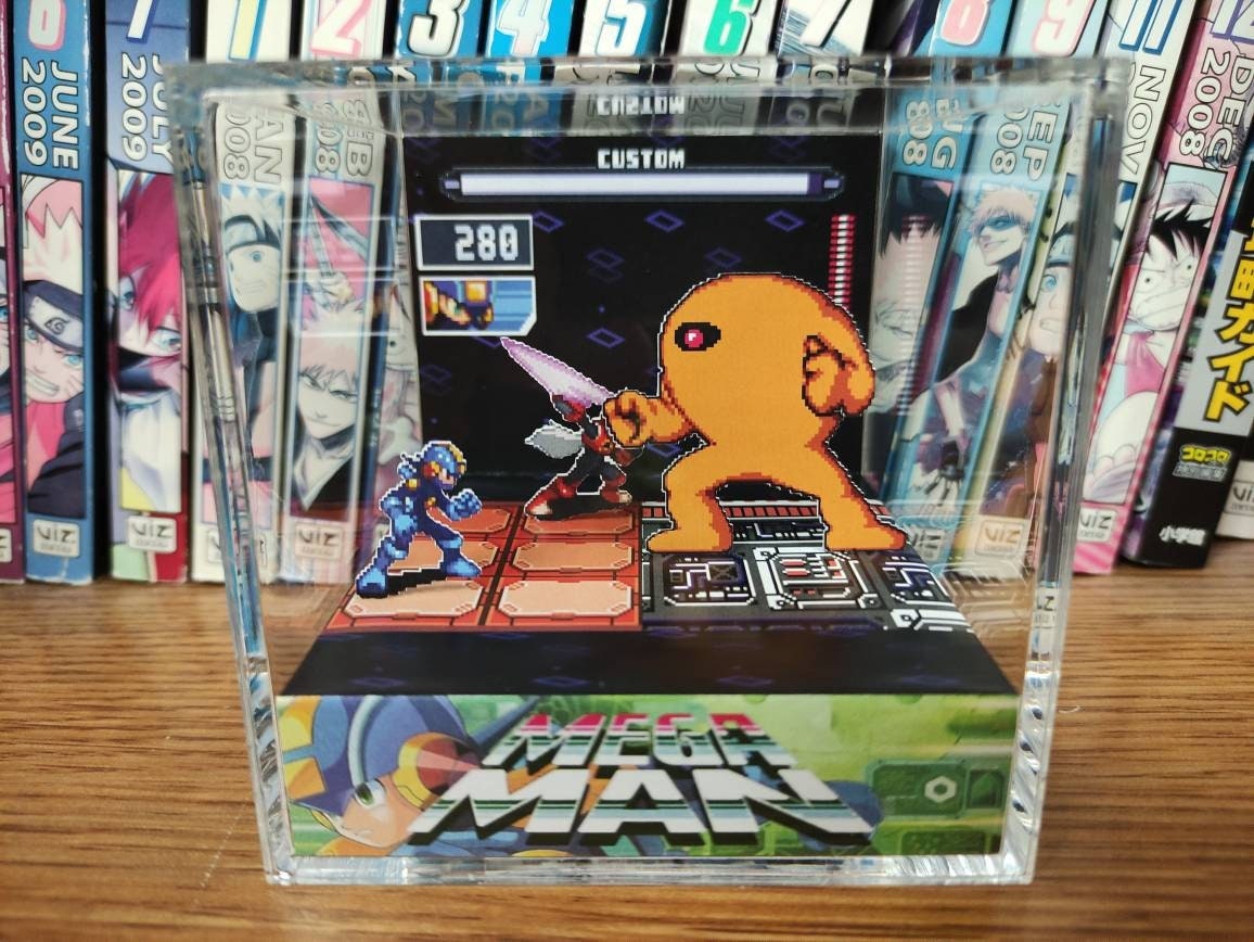 Mega Man (A Fusion!) Diorama - Mega Man Protoman vs Yellow Devil, 3D Diorama Cube, Handmade Crystal Diorama Cube, Unique Gift for Gamers