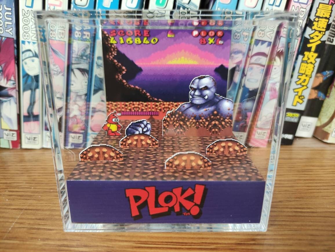 Plok! vs  RockyFella (Plok! SNES), Plok! Boss Battle RockyFella 3D Diorama Cube, Handmade Crystal Diorama Cube, Unique Gift for Gamers