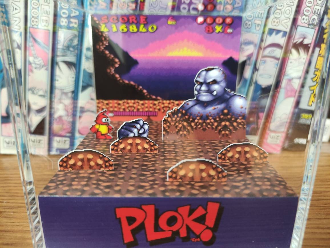 Plok! vs  RockyFella (Plok! SNES), Plok! Boss Battle RockyFella 3D Diorama Cube, Handmade Crystal Diorama Cube, Unique Gift for Gamers