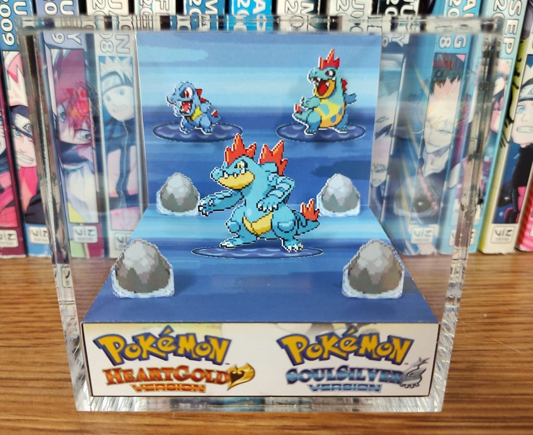 Evolution Feraligatr (HGSS), Totodile Croconaw Feraligatr 3D Diorama Cube, Feraligatr Handmade Crystal Diorama Cube, Unique Gift for Gamers