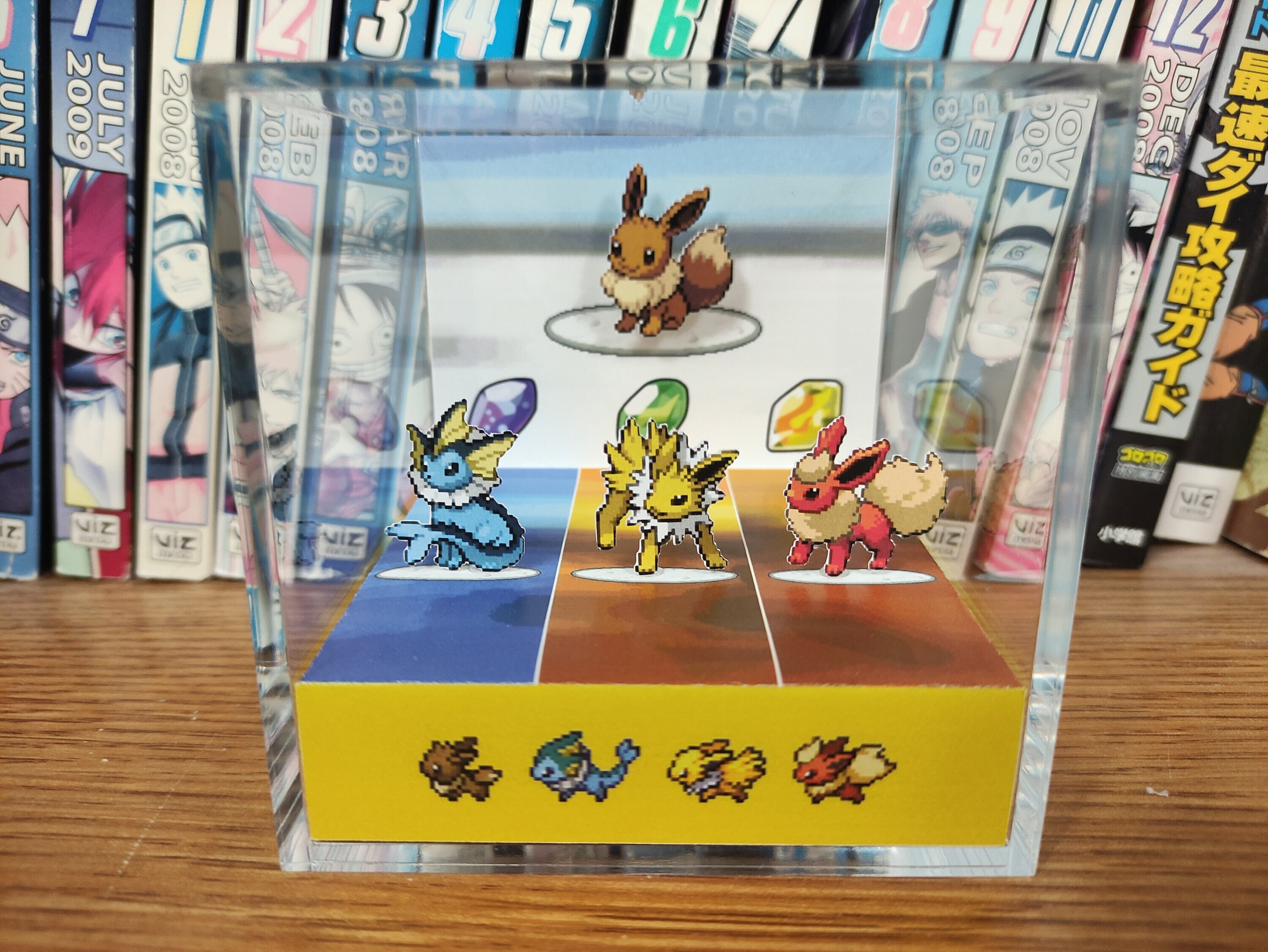 Evolution Eevee (Vaporeon, Jolteon, Flareon) P1, Eeveelutions 3D Diorama Cube, Eevee Handmade Crystal Diorama Cube, Unique Gift for Gamers